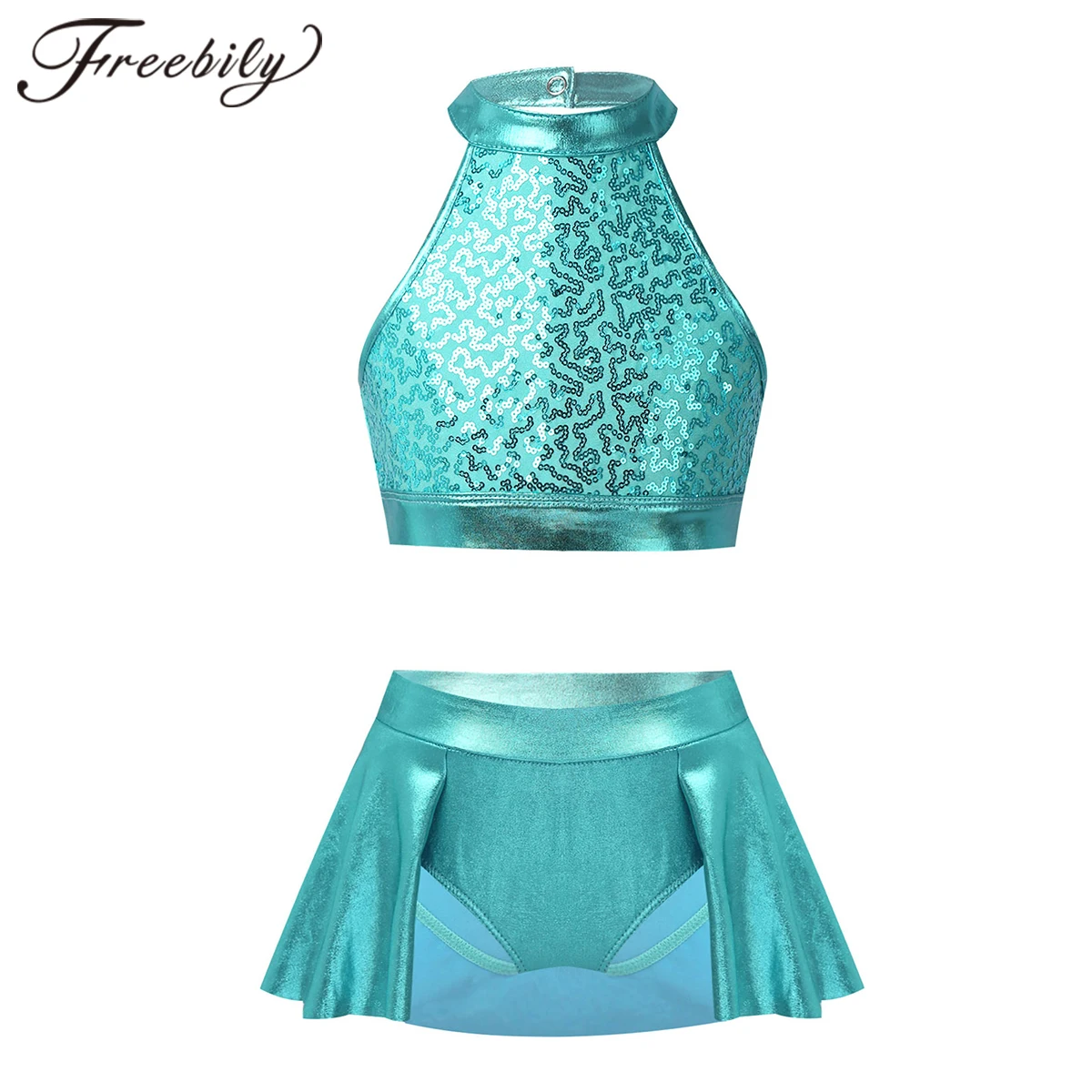

Kids Girls Sequins Ballet Dance Wear Sleeveless Gymnastics Clothes Crop Top With Skirt Set Contemporary Lyrical Dance Costumes