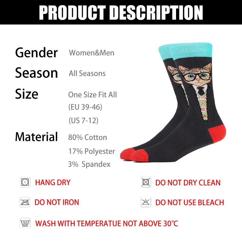 Fashion Cotton Men Socks Hip Hop Cat Animal Pattern Harajuku Creative Ladies Novelty Skateboard Socks Funny Happy Cartoon Socks