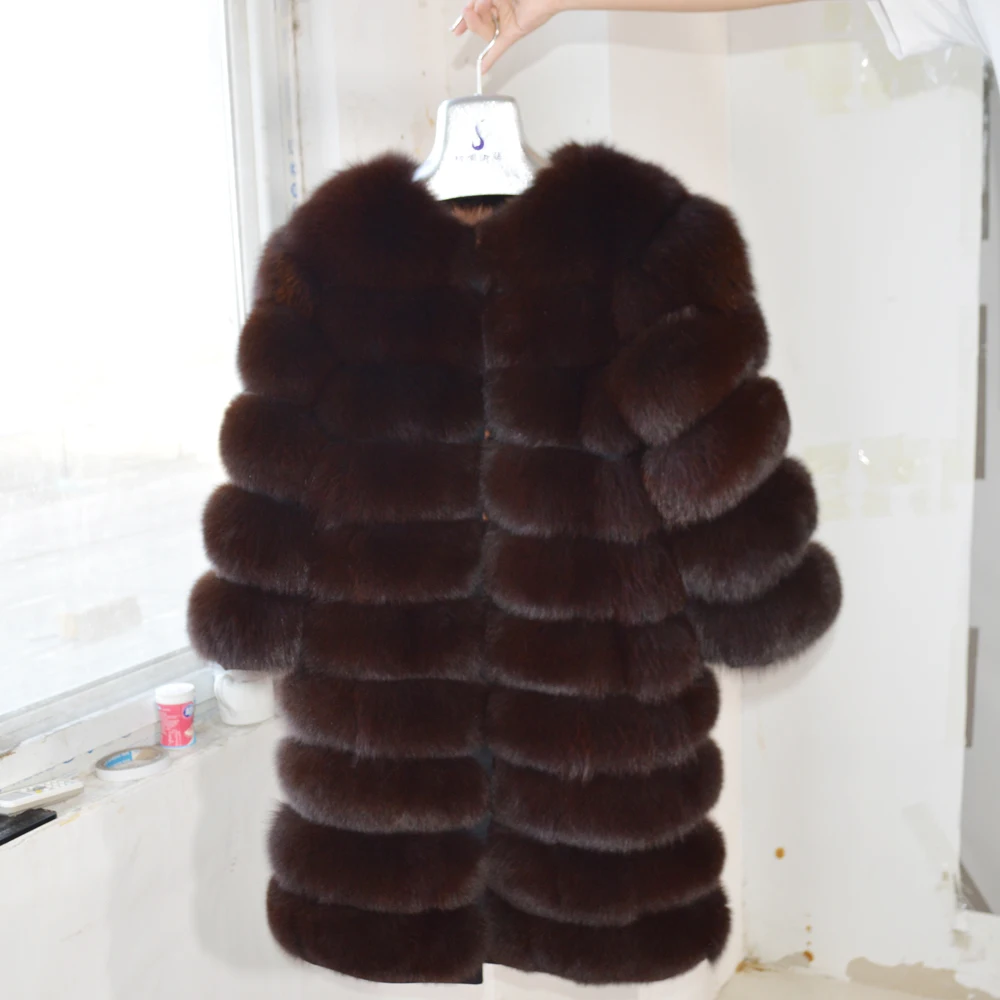 Длинное стильное зимнее плотное теплое пальто с натуральным лисьим мехом 100%