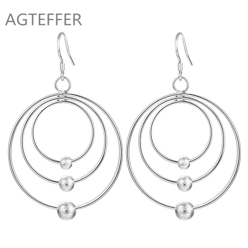 

AGTEFFER 925 Sterling Silver Three Circle Hoop Frosted Beads Earrings Charm Women Jewelry Fashion Wedding Party Gift