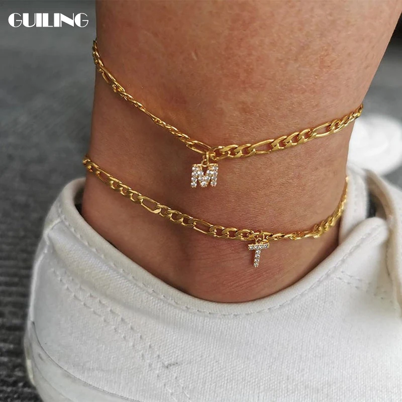 

Dainty Custom Figaro Chain Crystal Letter Name Anklet with Alloy Diamond Stainless Steel Chain Women Personalized Gift Jewelry