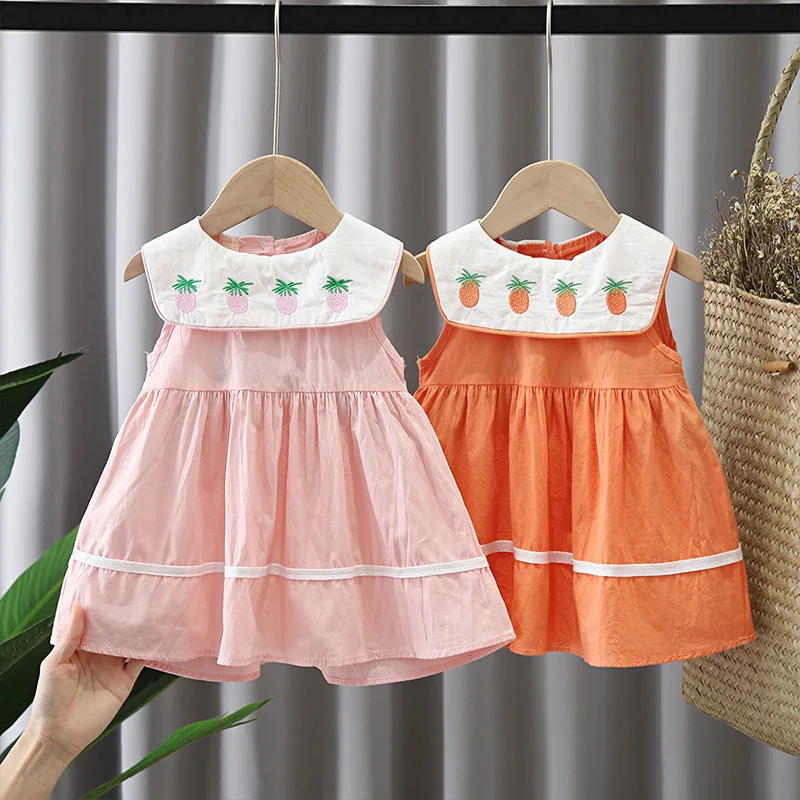 

Summer Cute Sleevelss Dress Toddler Girls Casual Princess Clothing Infant Newborn Baby Kids Children Pineapple Embroidery Outfit