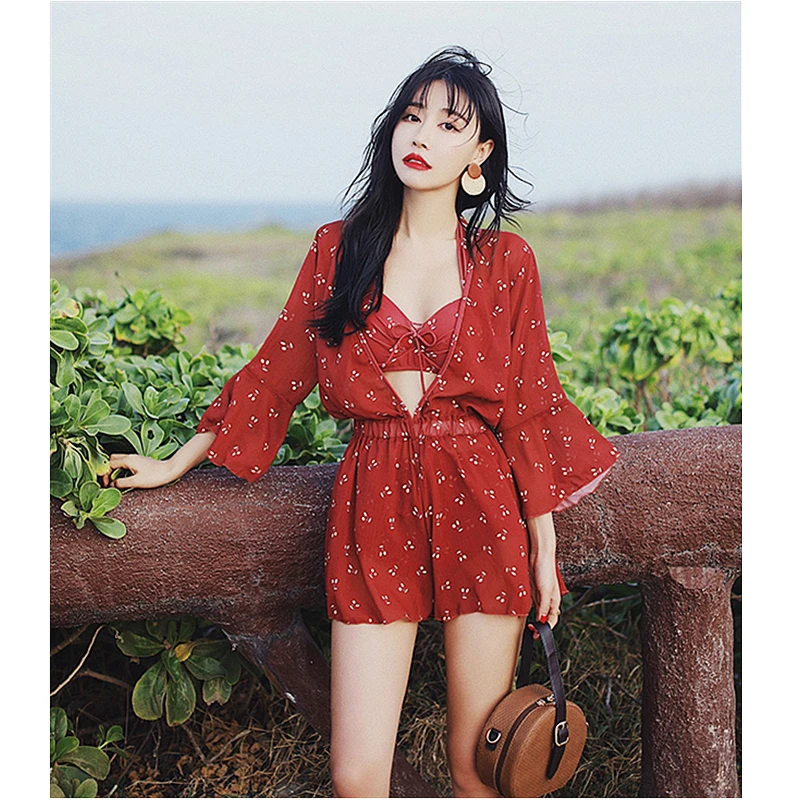 

FGHFU Swimsuit women's three piece suit 2020 new red Bikini Ruffle Swimwear Women Print Sexy Push Up Bathing Suits Floral Beach