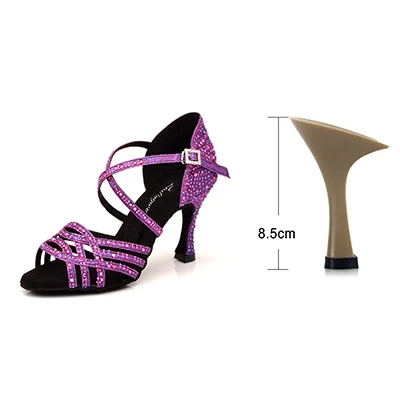 Purple 8.5cm Ladingwu, женские вечерние туфли для сальсы, бальные туфли, туфли для латинских танцев, большие и маленькие стразы, блестящие, фиолетовые, черные, блестящие, на Кубинском каблуке 6-10 см - Цвет: Purple 8.5cm