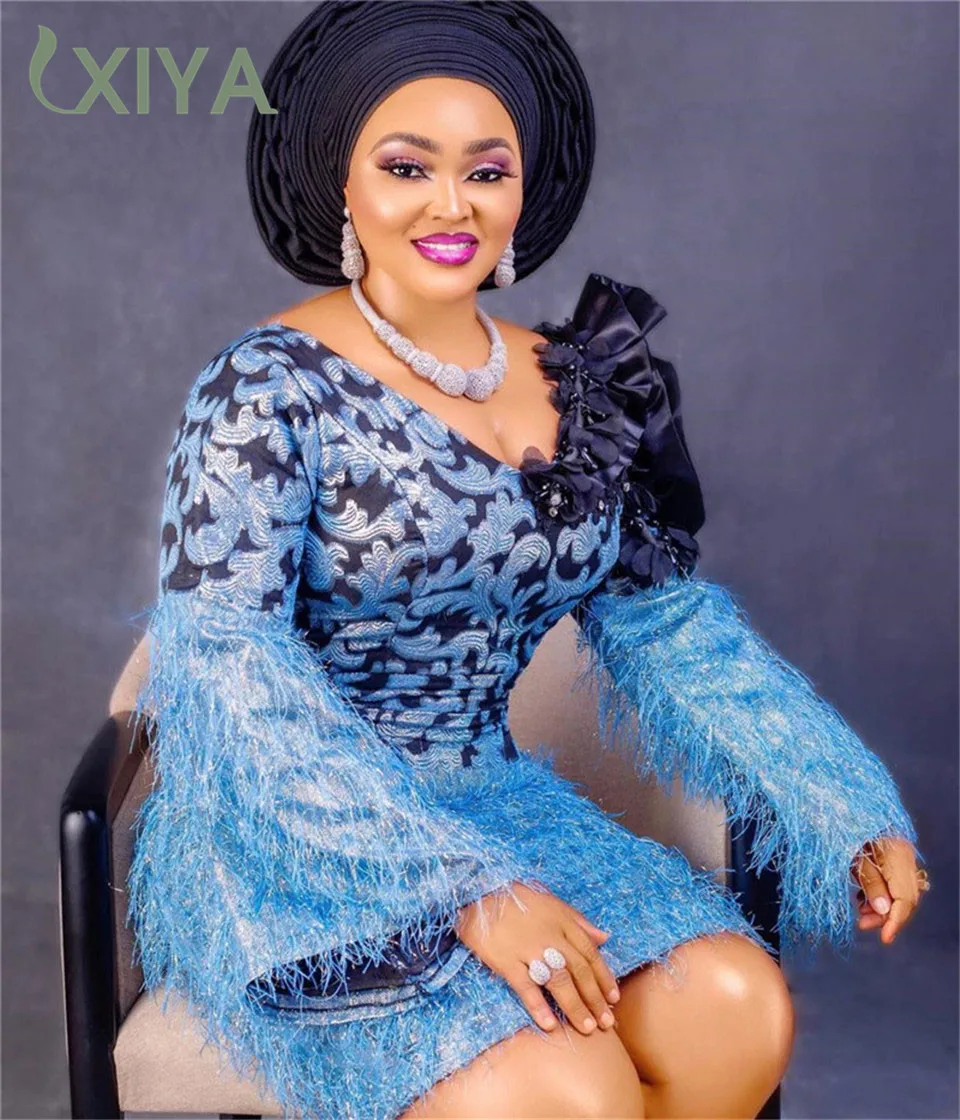 

Blue Jacquard Lace Brocade Fabric Lace with Feather African Fabrics Nigerian Tulle Mesh Lace for Bridal Brocade Lace APW3026B