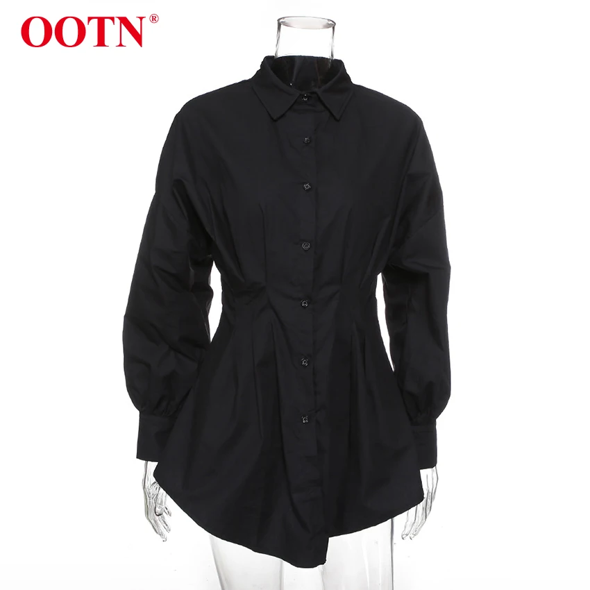OOTN отложной воротник офисная рубашка платье дамы фонарь с длинным рукавом Элегантная плиссированная Туника белые женские платья осень