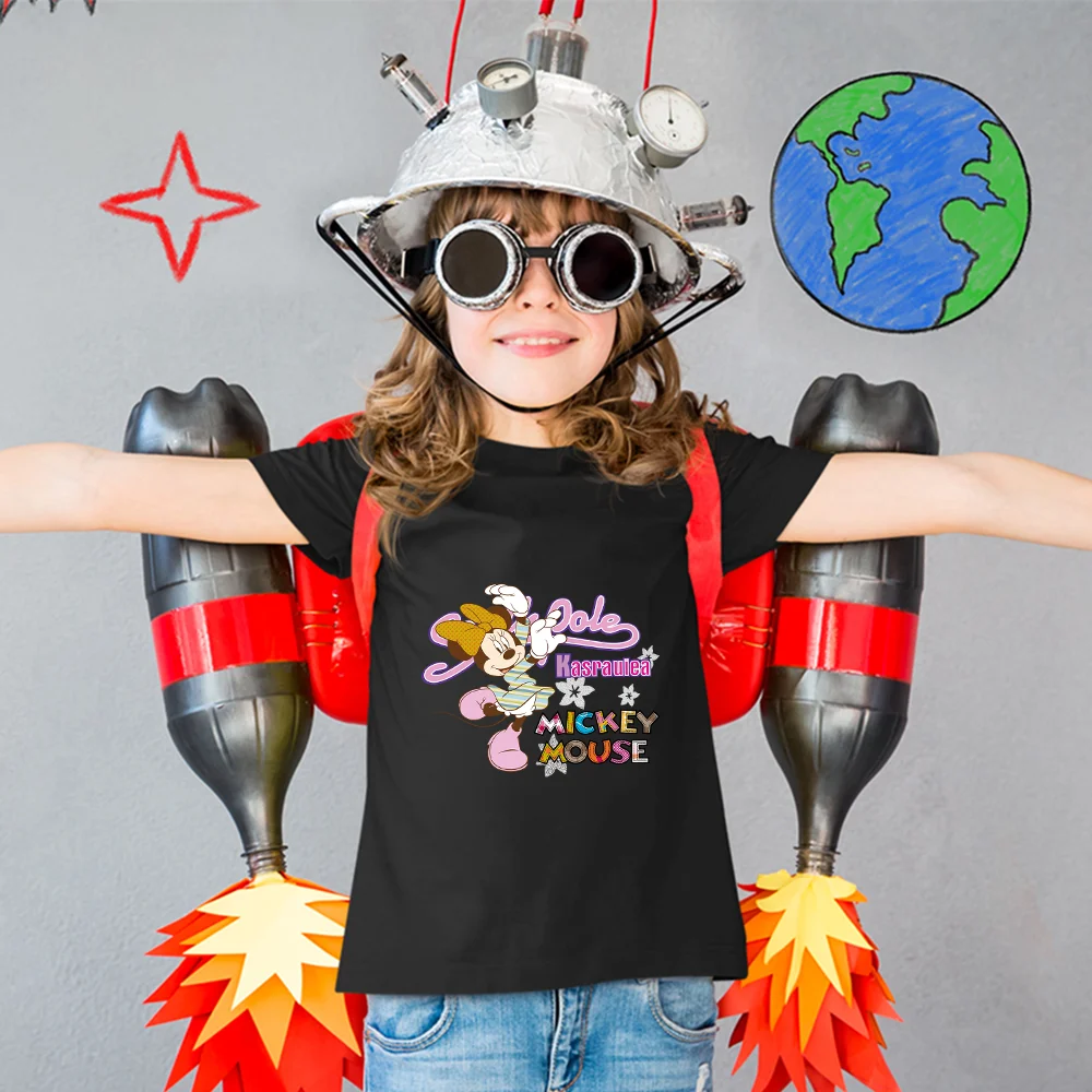 

Summer New Products Disney Minnie Mouse Cartoon Kids T-shirts Kawaii Fashion Top Harajuku Outdoor Four Seasons Trend Black Tees