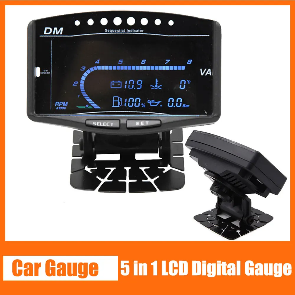 5 in 1 LCD Digital Gauge Oil Pressure Tachometer Water Temp Tachometer Volt Voltmeter Fuel Gauge Car Motorcycle Boat With Sensor