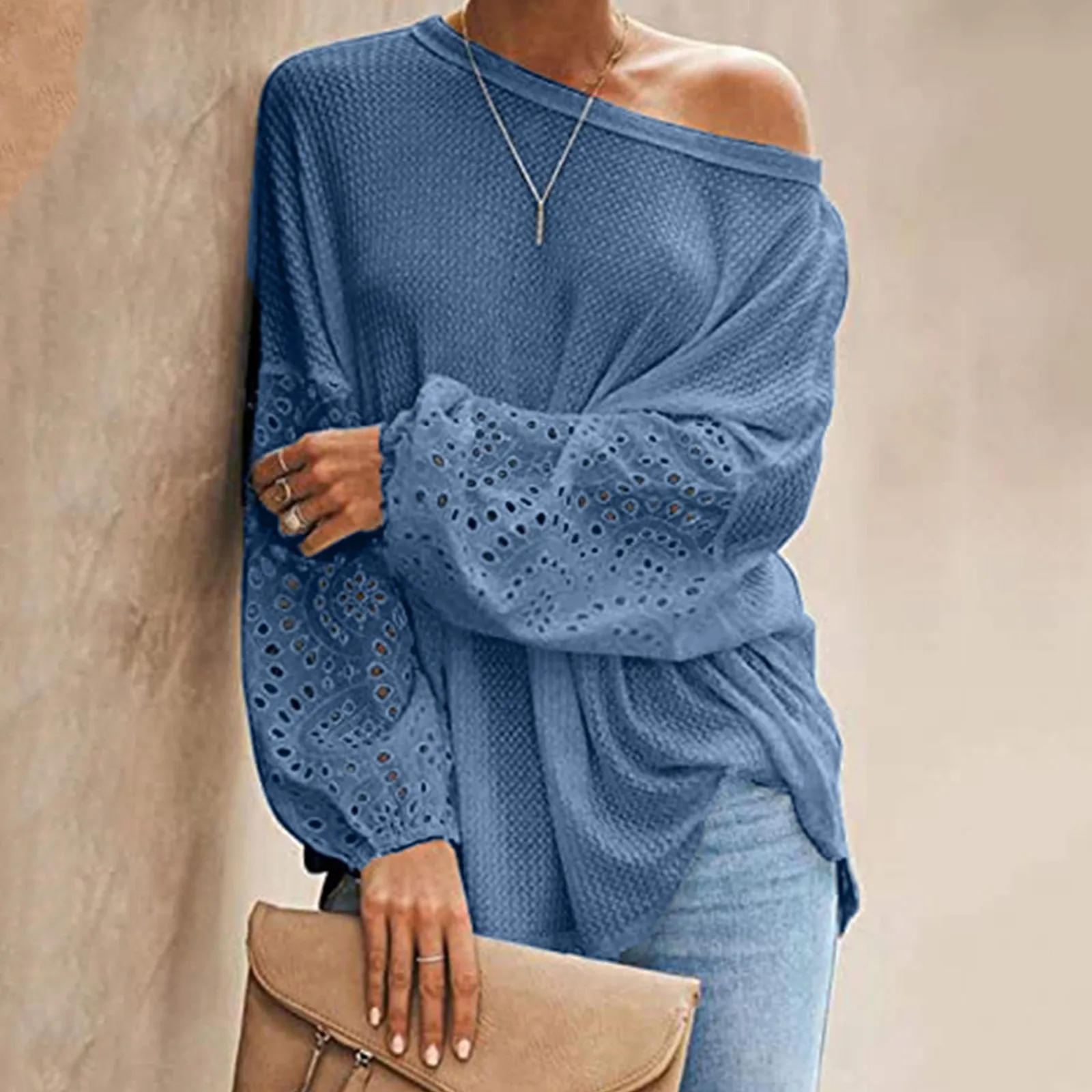 Модная вязаная кружевная блузка рубашка однотонные топы с открытыми плечами