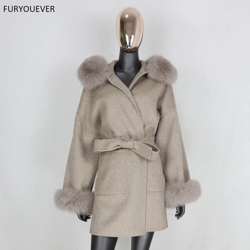 

FURYOUEVER 2020 Real Fur Coat Cashmere Wool Woolen Fashion Winter Women coat Natural Fox Fur Collar Cuffs Hood Oversize Outwear