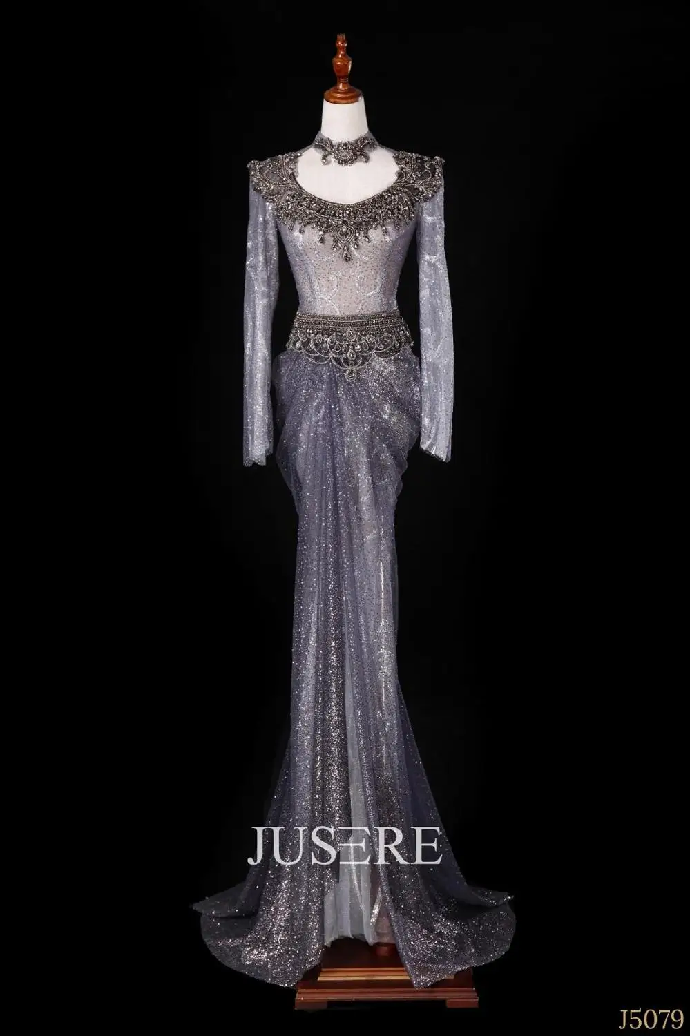 Blue grey color mermaid high collar long sleeves beading sequin lace up sweep train evening dress prom dress