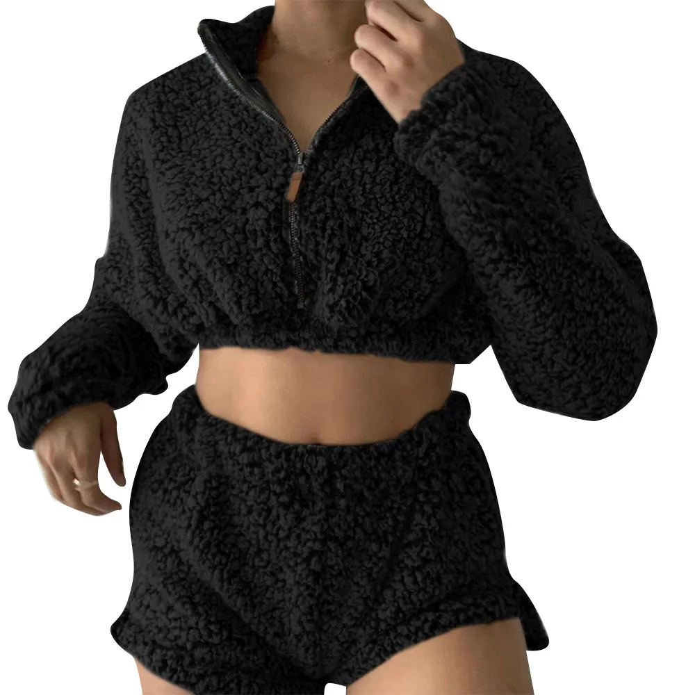 

Donsignet Women's Suit New Fashion High Neck Zipper Elastic High Waist Short Shorts Two-piece Suit Turtleneck Women's Clothing