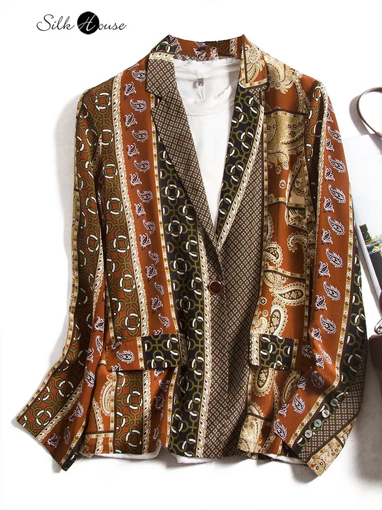 

2021 fashion design new black printed silk jacket women's new fashion suit collar waist casual suit top