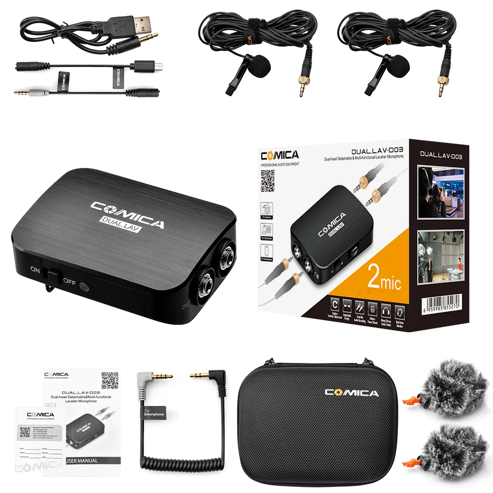 Comica CVM-D03 Dual Lavalier Lapel Microphone with Mono/Stereo Clip-on Interview for Cameras Camcorders&amp Smartphones | Электроника