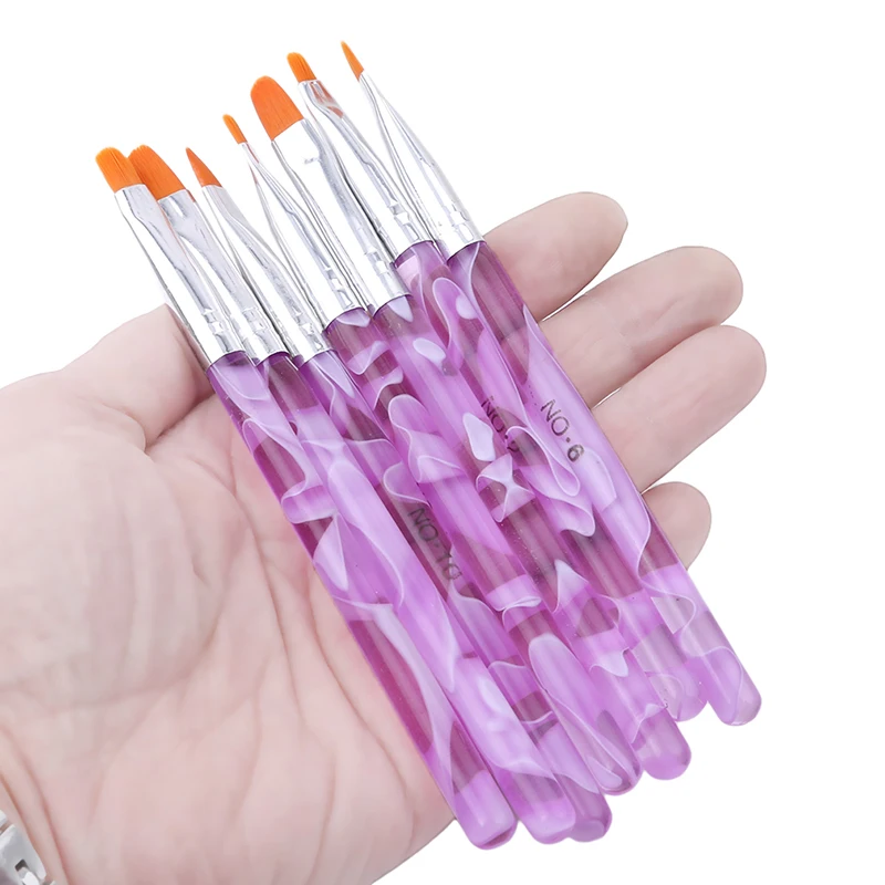 

7Pcs/Set Flat UV Gel Acrylic Nail Brush Set Nail Art Painting Purple Pen Design Builder Salon Tip DIY Nail Tools