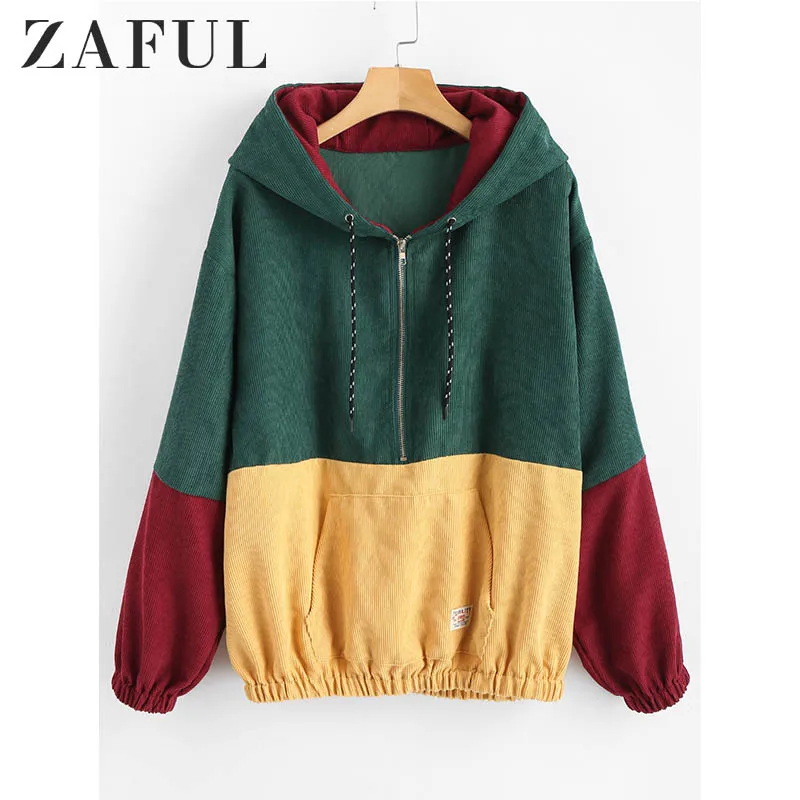 ZAFUL толстовка с капюшоном со шнуровкой полумолния контрастная Вельветовая