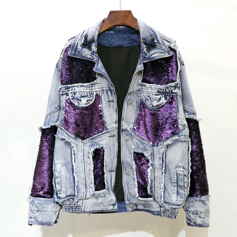 

Sequins Spliced Denim Jacket Women Harajuku Accessories Loose Fashion BF Short Jean Coat Unisex Autumn Jeans Coat Mujer Chaqueta