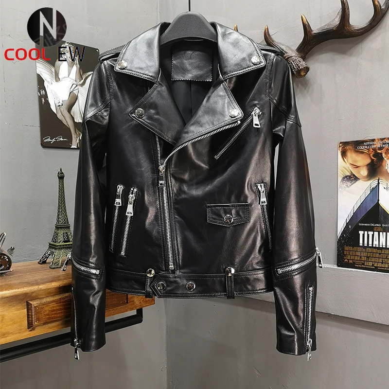 

2021 New Motorcycle Female Sheepskin Leather Jacket Women Short Zippers Punk Genuine Leather Jacket Rock Stage Outerwear Coats