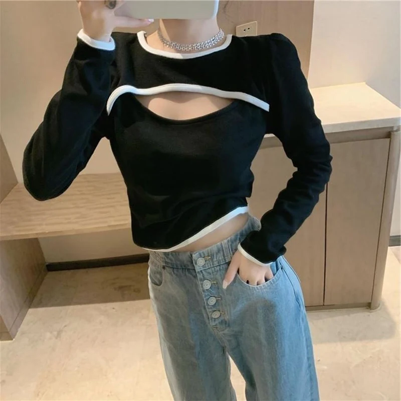 

Hollow Out Fake Two Women Long Sleeve T Shirt Autumn Slim Sexy All-match Crop Top Hit Color Fashion Sports Bodybuilding Clothing