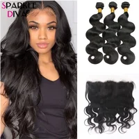 13*4 Body Wave Bundles With  Frontal Transparent Lace Brazilian Human Hair For Woman  Bundles With  T Lace Front Closure
