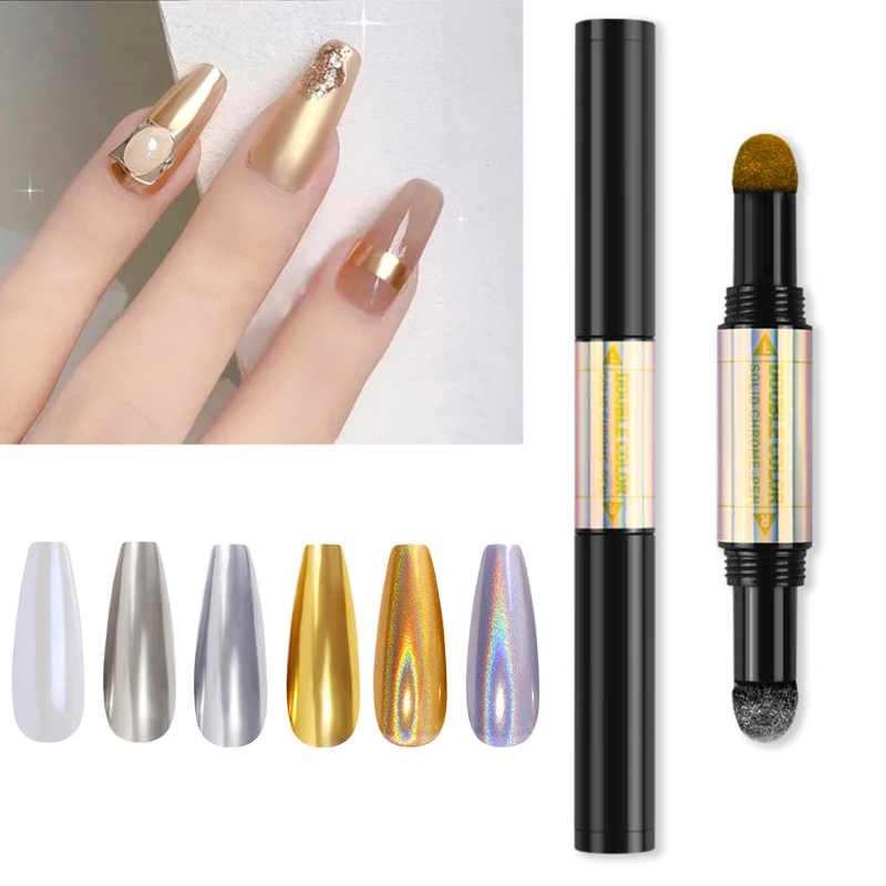 

Double Headed Mirror Nail Powder Cushion Pen Colorful Aurora Holographics Chameleon Nail Glitter Chrome Dust