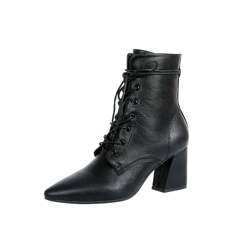 

Luxury Brand Black Pointed Toe Women's Motorcycles Boots Pu Leather Women's Army Boots Solid Lace Up Ladies Flat Martin Boots