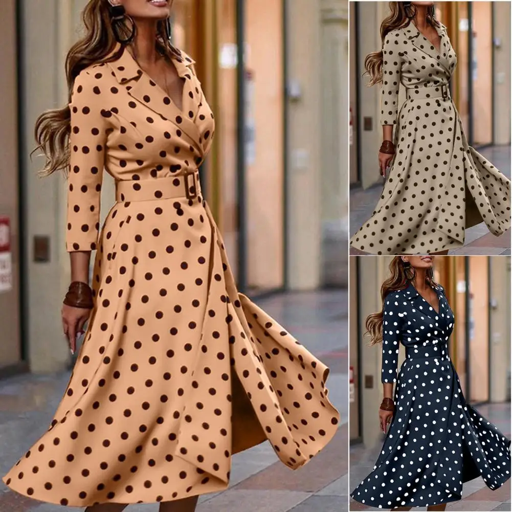 

2021 Stylish Women Dresses Office Vintage Lady Dot Print V Neck Autumn Split Large Hem Belt Shirt Dress for Wedding/Daily Wear