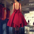 Красное платье-трапеция с открытой спиной для выпускного вечера, длинное вечернее платье с бантом, атласное женское платье длиной ниже колена для выпускного вечера