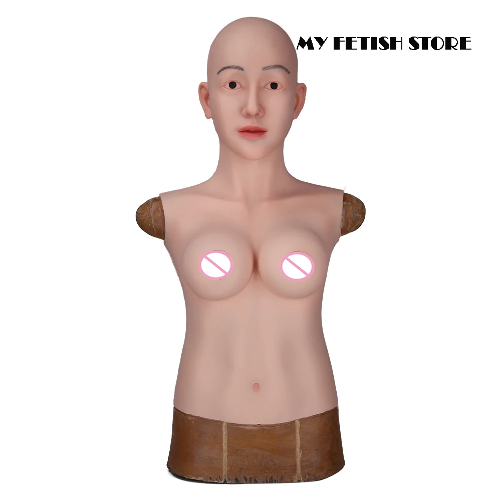 (Angela-1G)Crossdress Full Head Realistic Silicone Girl Female Disguise Party Cosplay Transgender Mask With E Cup Breast Torso