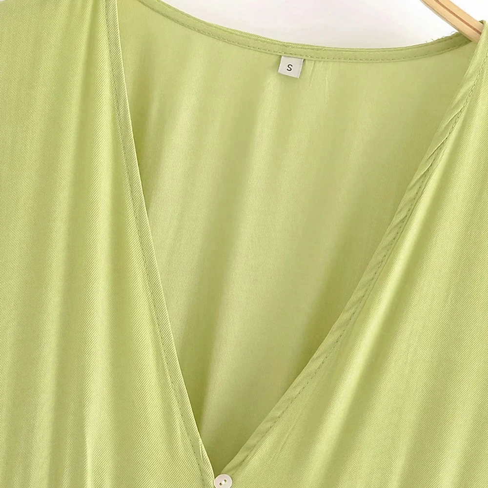 

Dress Summer 2021 Fashion Layered Stitching Loose Mid-length Dress Chic Retro V-neck Long-sleeved Women's Casual Green Dress