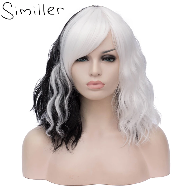 

Similler Short Curly Synthetic Hair Black and White Wigs For Women Heat Resistant Fiber Female Cosplay Wig