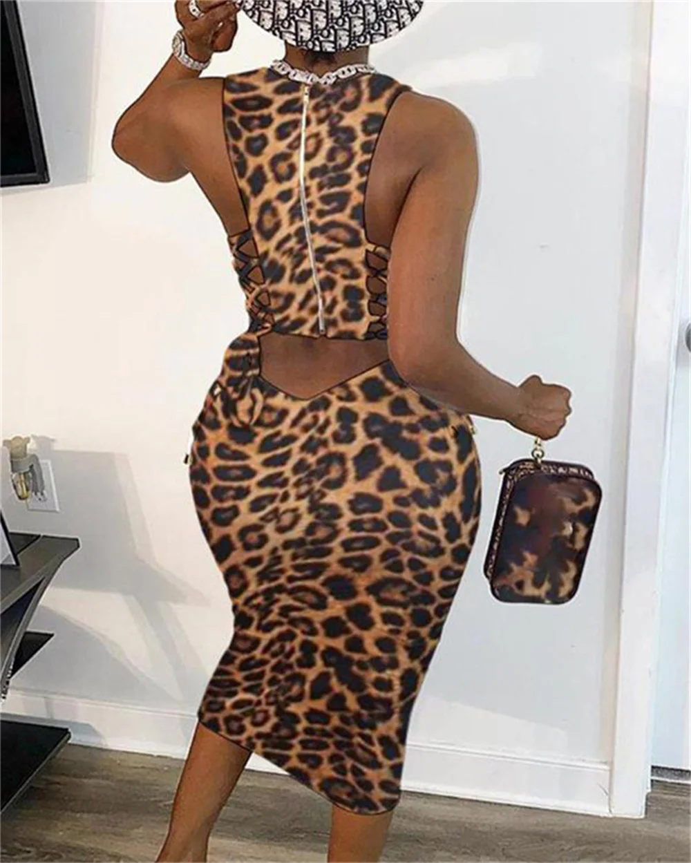 

RStylish Sexy Street Style 2021 Summer Leopard Print Sleeveless Lace-Up Back Hollow Out Bodycon Club Party Women Maxi Dress