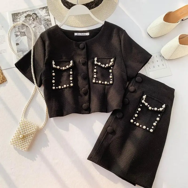 Модный женский костюм из двух предметов однобортный укороченный топ и мини юбка