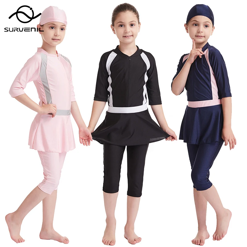 

Kids Muslim Swimwear One Piece Jumpsuit+Skirt+Cap Girls Modest Swimsuit Swimming Bathing Diving Suit Arab Islamic Girl Beachwear