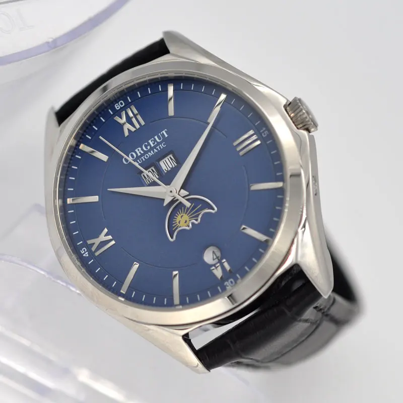 Новые Corgeut мужские часы Moon Phase 41 мм синий циферблат модные автоматические