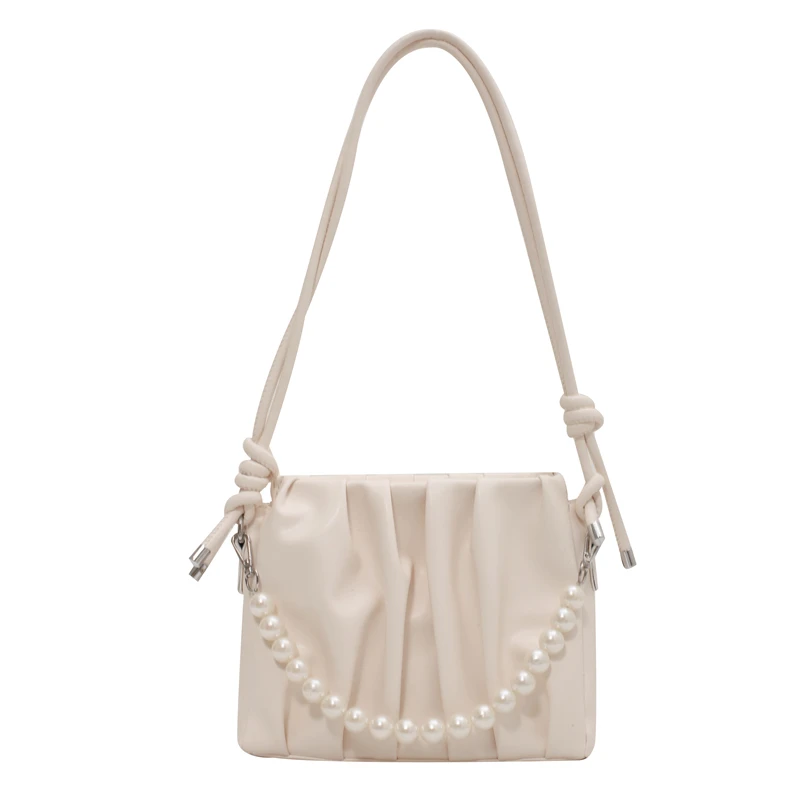 

Pearl Beading Pleated Design Soft PU Leather Crossbody Bags for Women 2021 Summer Brand Fashion Shoulder Bag Ladies Handbags