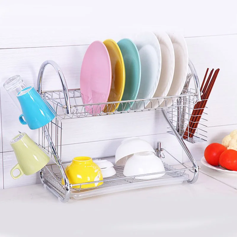 

Large Dish Drying Rack Cup Drainer 2-Tier Strainer Holder Tray Stainless Steel Kitchen Accessories EJ
