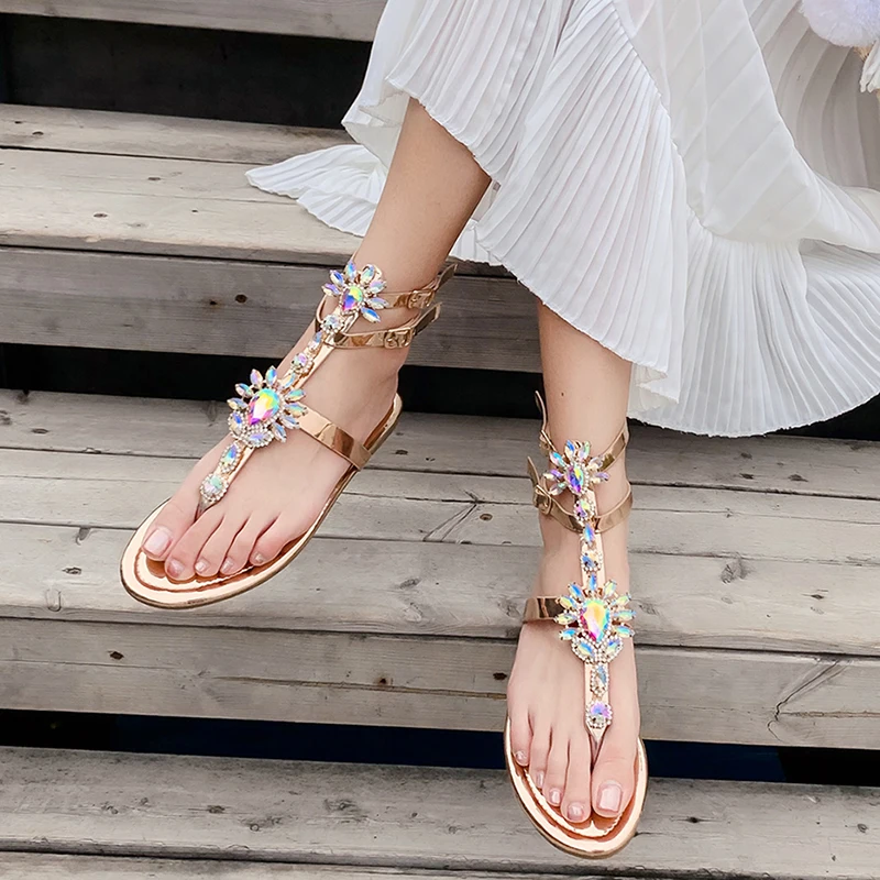 2020 женские сандалии стразы на плоской подошве богемные гладиаторы женская