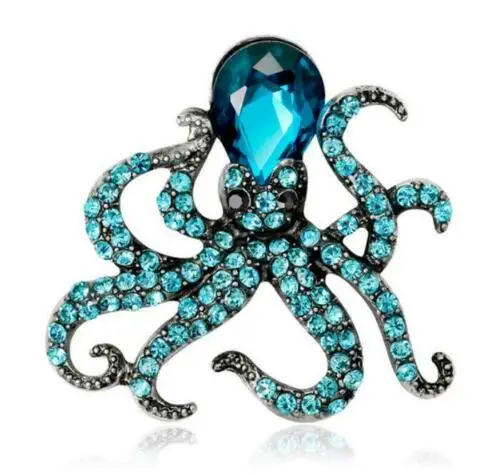 

Charming Animal Octopus Pendant Brooch Pins Blue Austria Crystal Jewelry Metal Trendy Brooches Womens Accessories