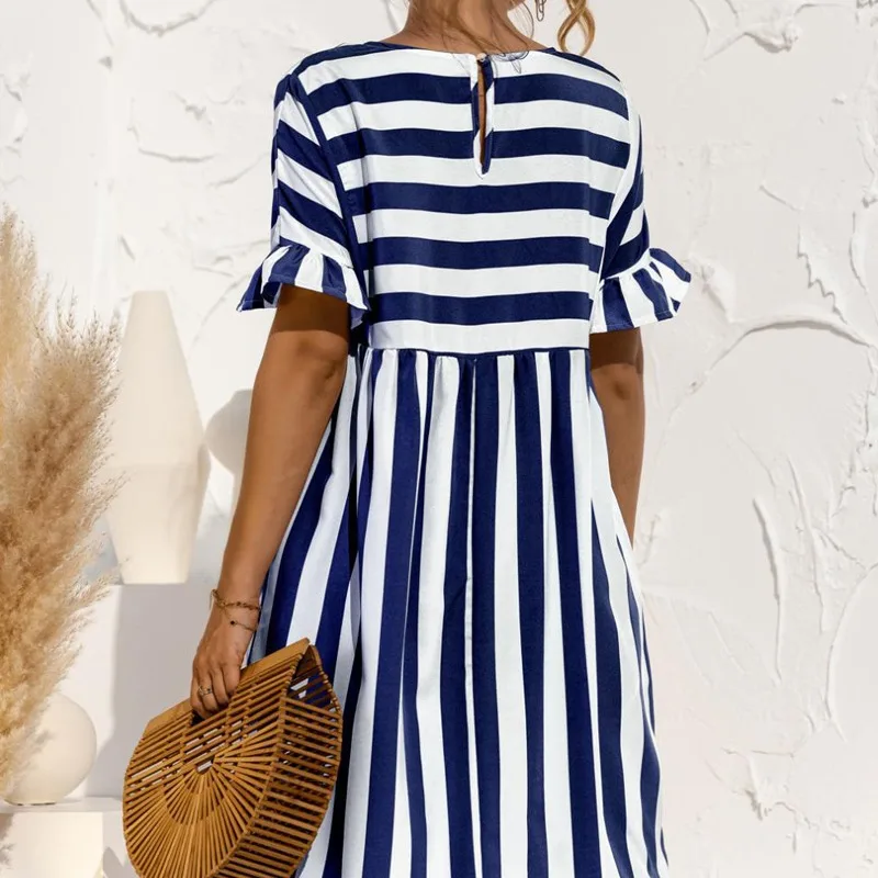 

2021 Women Striped Patchwork Dresses Elegant Ruffle Sleeve O-Neck Loose Pocket A Line Dress Famale Summer Party Dress Vestidos
