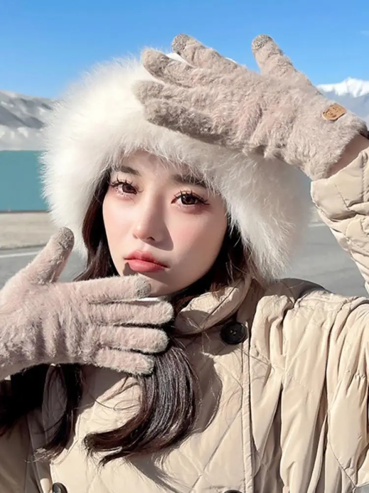 

Ladies Winter New Outdoor Riding Mountaineering Plush Gloves Windproof Thickened Touch Screen Warm Knitted Gloves