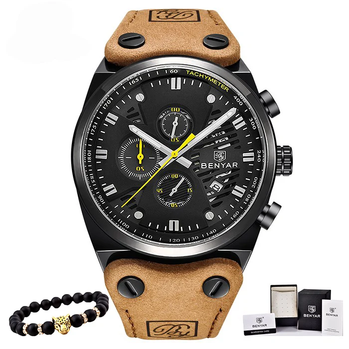 black yellow Benyar часы мужские роскошные Топ бренд мужские s водонепроницаемые часы мужские спортивные наручные часы Мужские часы с кожаным ремешком Relogio Masculino - Цвет: black yellow