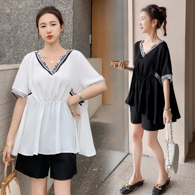 

7505# Summer Korean Fashion Maternity Shirts + Wide Leg Belly Shorts Sets Loose Suits Clothes for Pregnant Women Pregnancy Tops