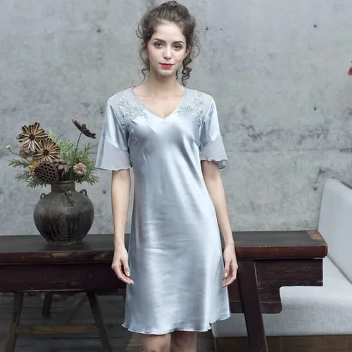 Бежевый Женская одежда для сна, Женская Лаковая юбка из материала Ice Silk с короткими рукавами, сексуальная одежда для сна, юбка для дома, платье для сна, юбка, одежда для сна - Цвет: Бежевый