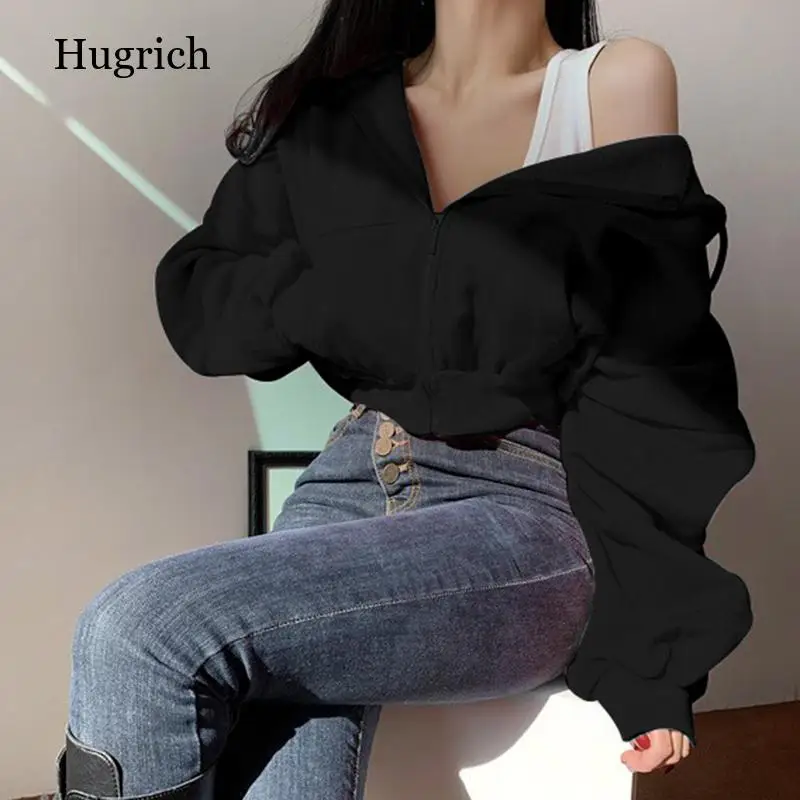 

Short Hoodies Women Solid Sweatshirt Tracksuit Long Sleeve Female Crop Top 2021 Fashion Korean Clothing Harajuku