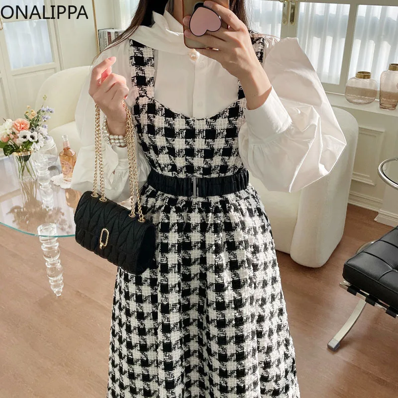 

Onalippa Women Houndstooth Strap Dress with Belt Autumn French Elegant Temperament One Pearl Button Puff Sleeve Shirt Female