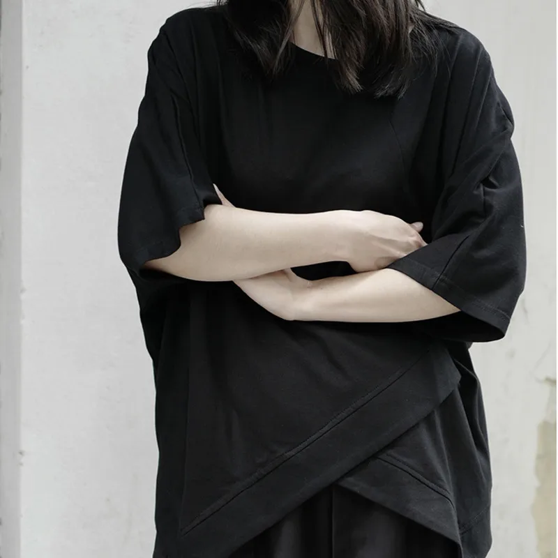 

LANMREM Women New T-shirt Round Neck Barwing Sleeve Irregular Lage Size Black Series Loose Fit Fashion Tide Summer 2021 2P2133