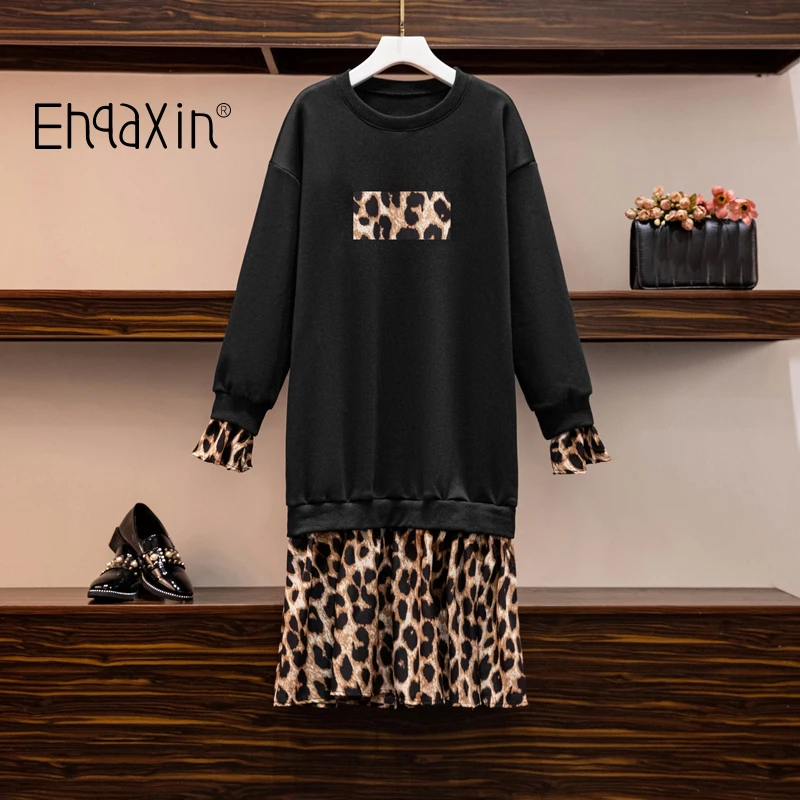 

EHQAXIN New Womens Dress Autumn Winter All-Match Black Leopard Stitching Long-Sleeved Plus Velvet Pullover Dress L-4XL