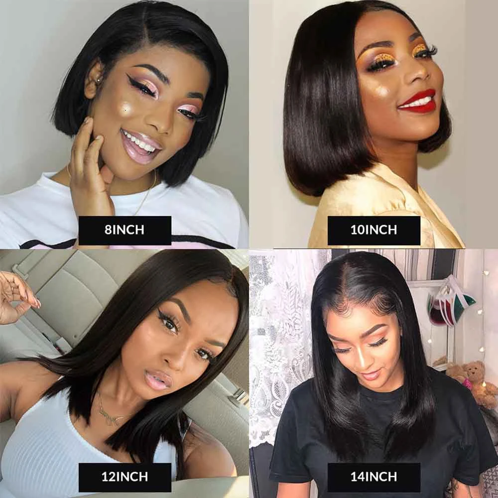 180% Short Straight Bob Wigs Middle Part Lace Closure Wig Brazilian Front Human Hair 4×4 Remy Pre Plucked | Шиньоны и парики