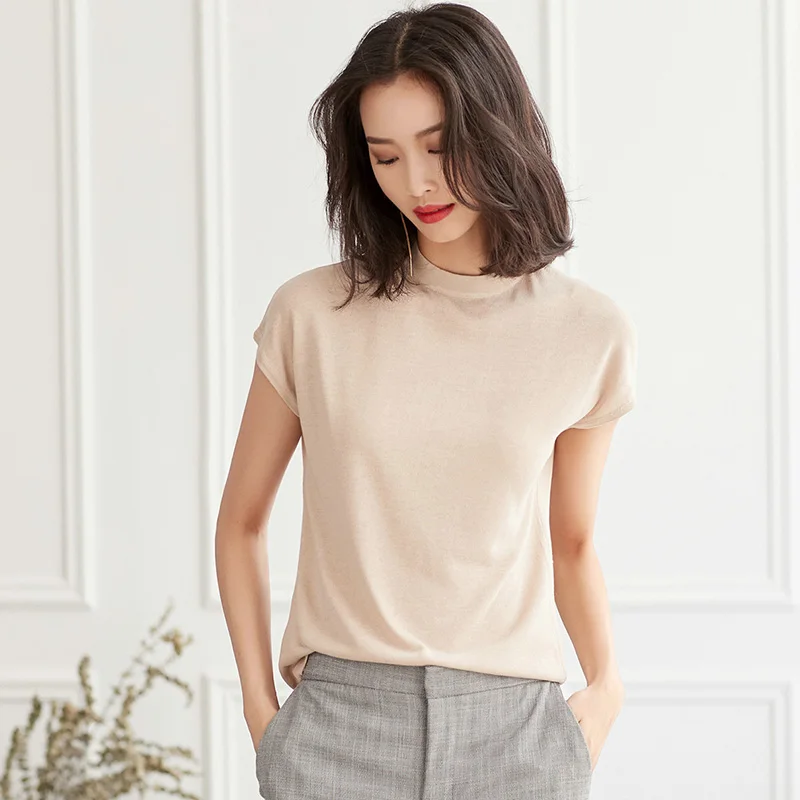 

New t-shirt female short-sleeved ice silk sweater loose and thin half-high collar shirt half sleeve